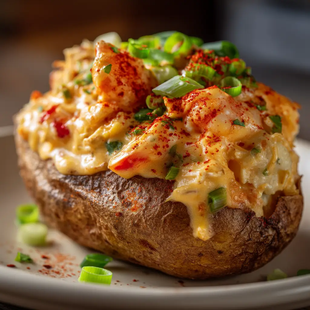 A freshly baked seafood stuffed potato with crispy skin and melted cheddar cheese on top, ready to be served.