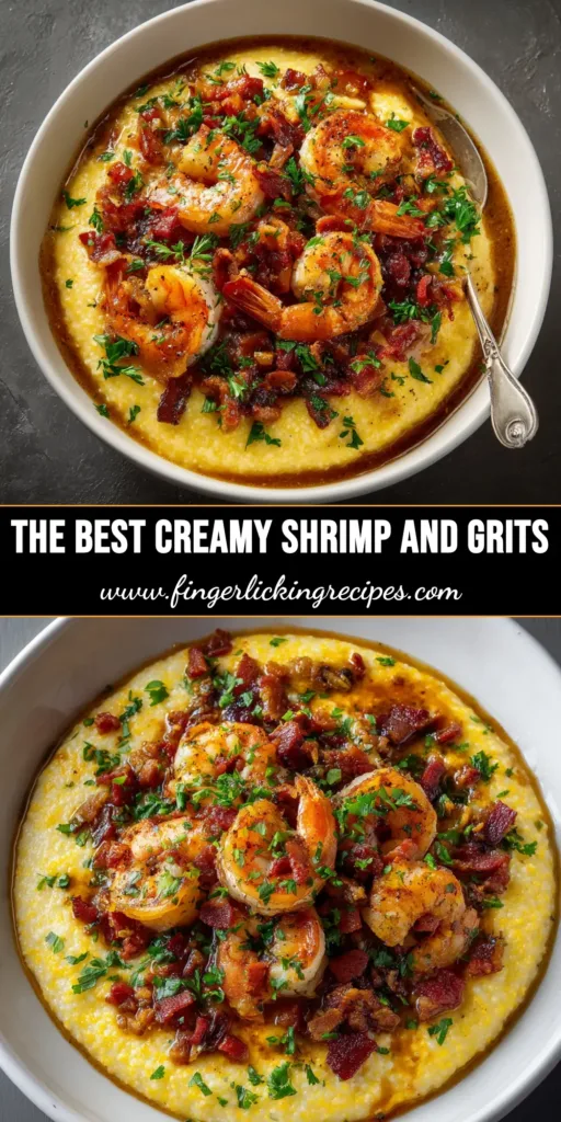 A beautiful overhead shot of the ultimate Southern Shrimp and Grits Recipe in a rustic white bowl, garnished with fresh herbs. The perfect pin to save for dinner inspiration.