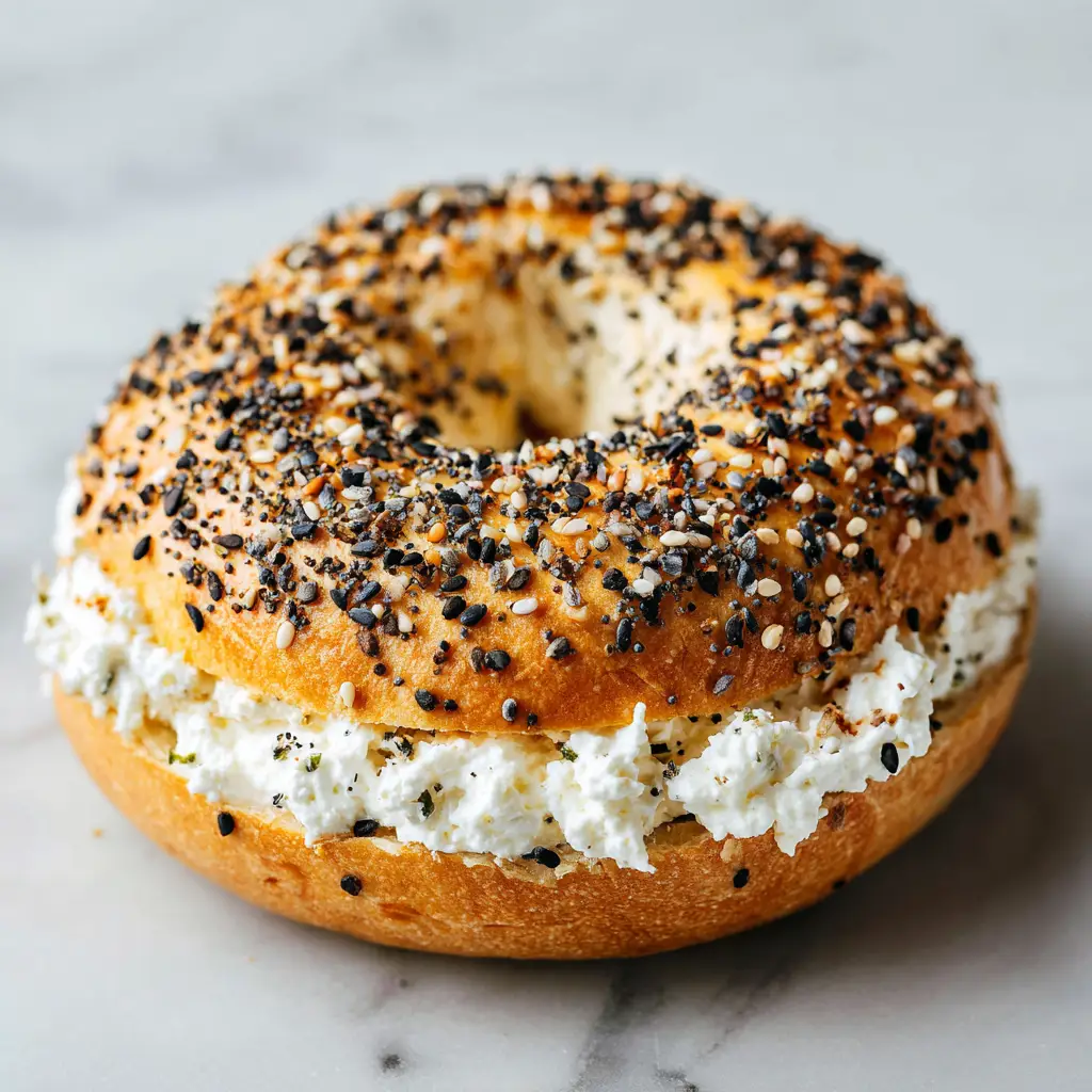 A baking sheet with shaped cottage cheese bagel dough, brushed with egg wash and sprinkled with seasoning before baking.