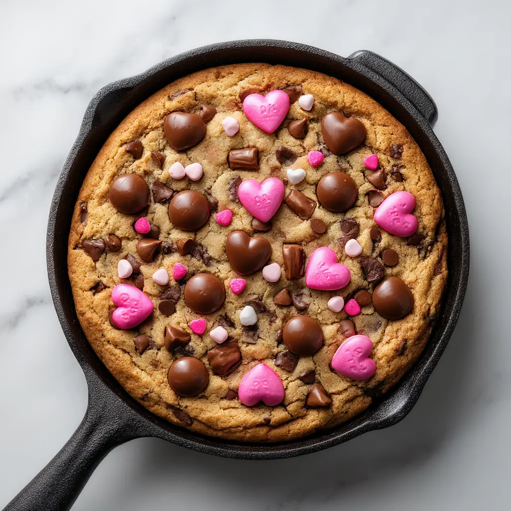 Valentine's Skillet Cookie: The Ultimate Gooey Dessert for Two 2 The unbaked cookie dough for the Valentine's skillet cookie pressed into the cast iron skillet and topped with sprinkles.