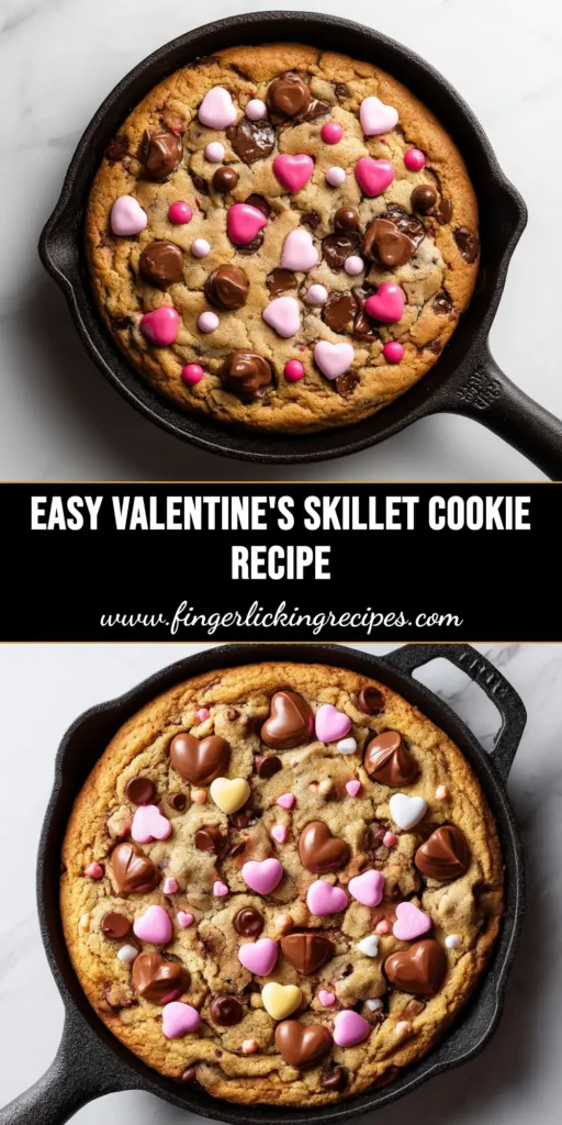 Valentine's Skillet Cookie: The Ultimate Gooey Dessert for Two 4 A gooey Valentine's skillet cookie topped with vanilla ice cream and festive sprinkles, shown in a cast iron pan with two spoons.