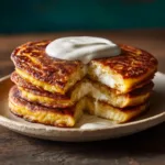 Cachapas Recipe (Authentic & Easy Venezuelan Corn Pancakes) A stack of three golden-brown Venezuelan corn pancakes, also known as cachapas, with melted cheese oozing from the sides.