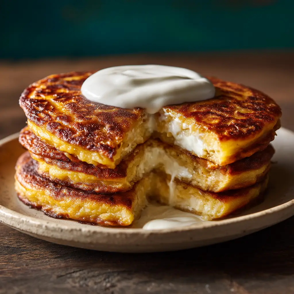 A stack of three golden-brown Venezuelan corn pancakes, also known as cachapas, with melted cheese oozing from the sides.