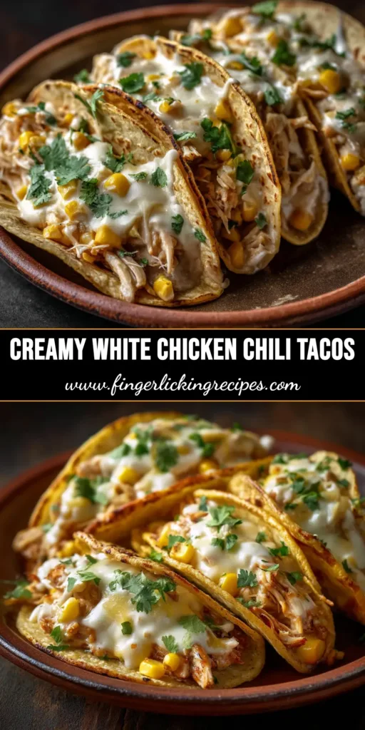 A close-up overhead shot of three White Chicken Chili Tacos on a wooden board, topped with fresh cilantro, shredded cheese, and sliced jalapeños. The tacos are filled with a creamy white chili and shredded chicken.