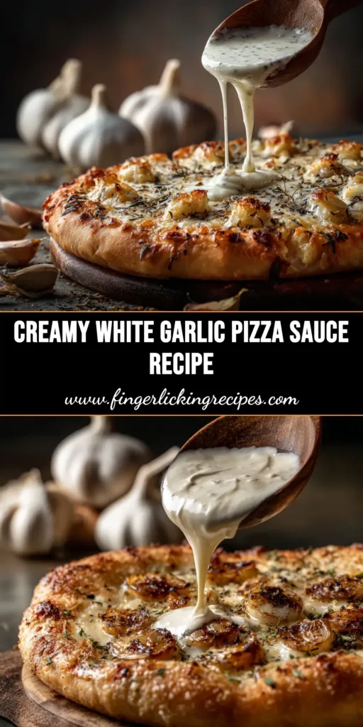 A jar of creamy white garlic pizza sauce with a wooden spoon, surrounded by fresh garlic and parmesan cheese. The perfect sauce for homemade pizza.