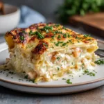 A square slice of white seafood lasagna being lifted from a baking dish, with cheese stretching from the slice.