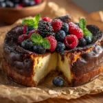 A whole Citrus Berry Burnt Cheesecake fresh from the oven, with its signature dark caramelized top and rustic parchment paper edges.