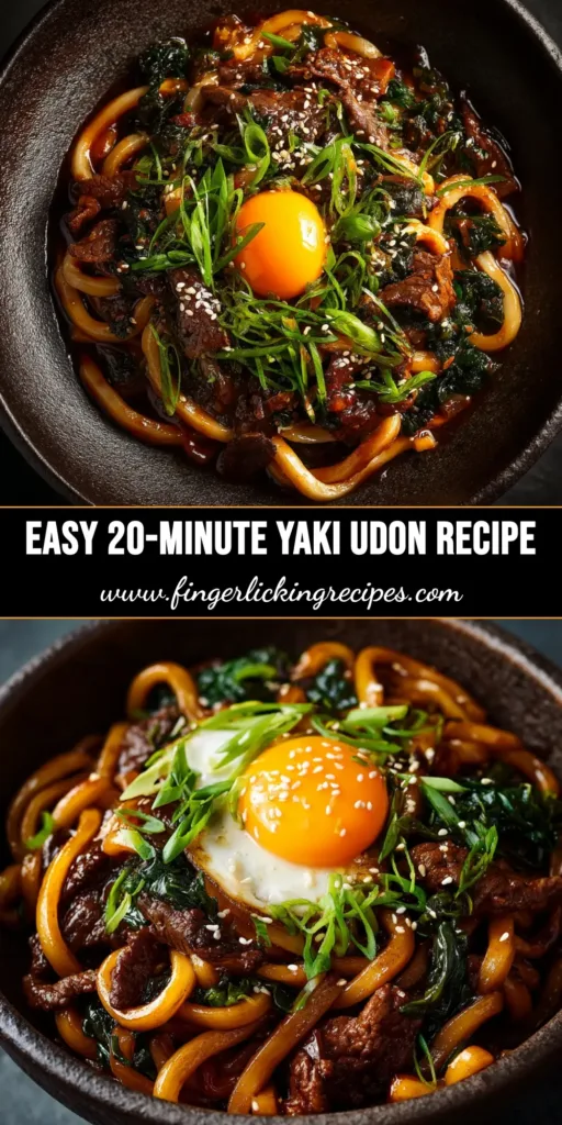 An overhead shot of a delicious Yaki Udon Recipe in a white bowl, showing chewy noodles, chicken, and vegetables in a savory sauce. Garnished with sesame seeds.