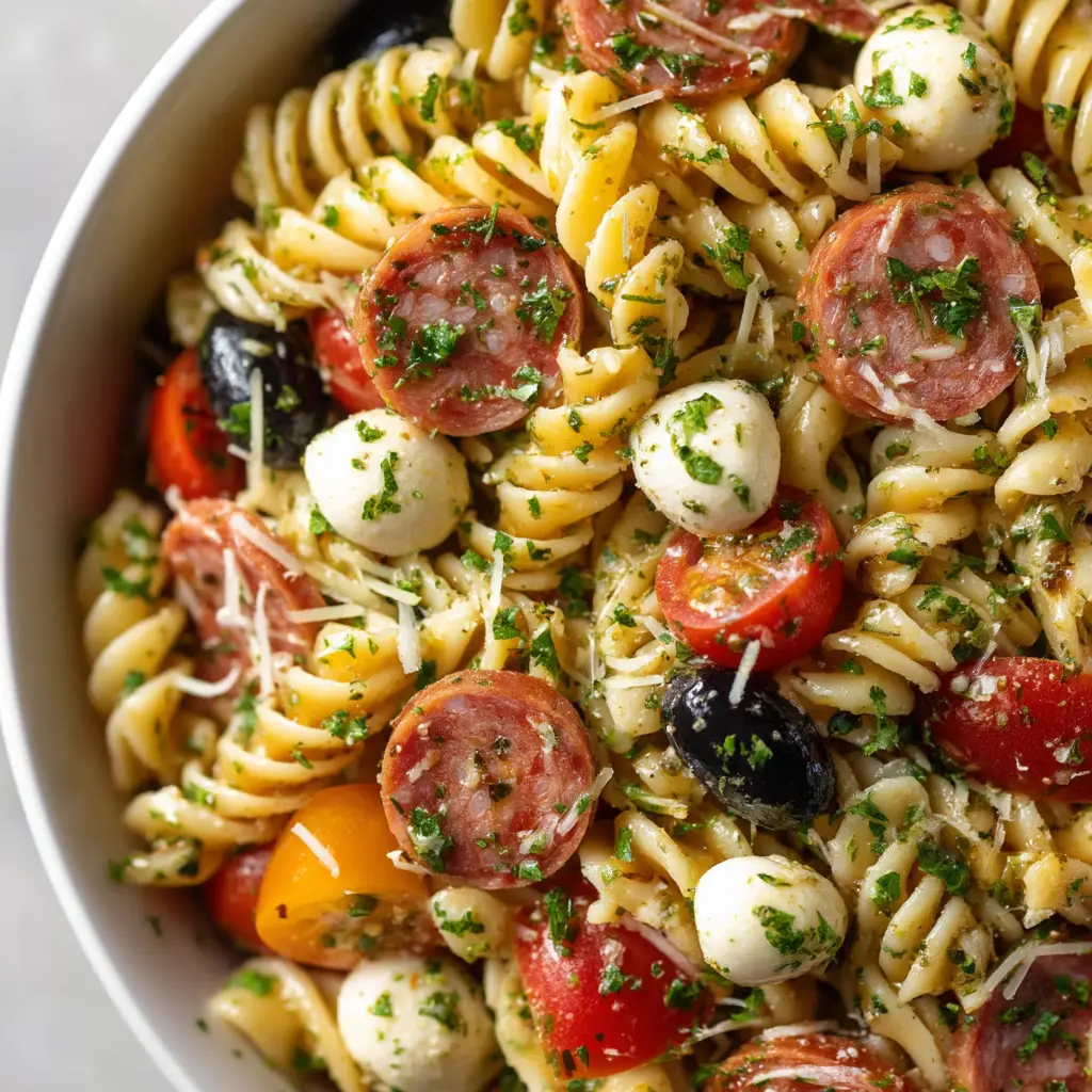 Zesty Italian Pasta Salad (The Only Recipe You'll Need) 3 An overhead close-up shot of the cold pasta salad, highlighting the fresh ingredients like cherry tomatoes, black olives, and mozzarella.