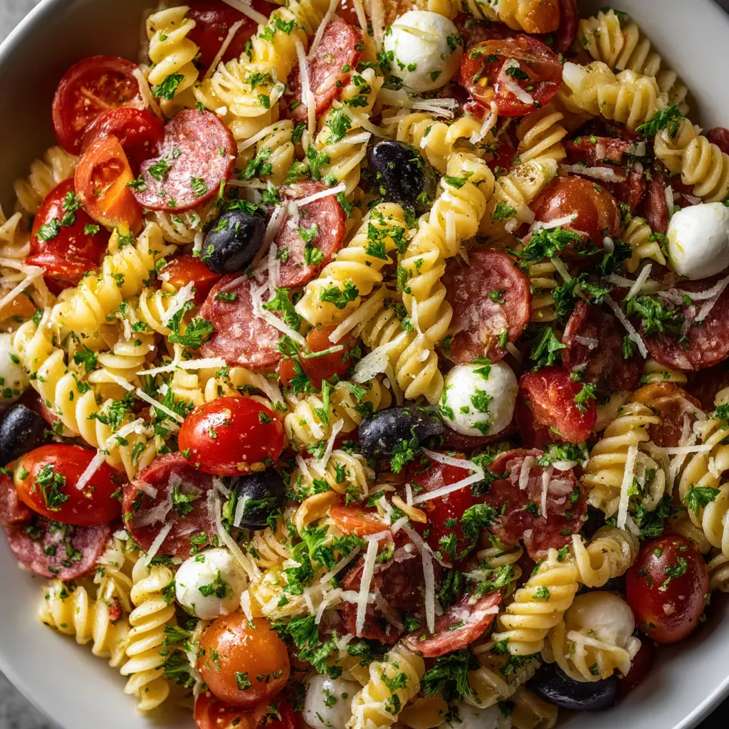 Zesty Italian Pasta Salad (The Only Recipe You'll Need) 2 A serving of the pasta salad with Italian dressing on a white plate, ready to be eaten.
