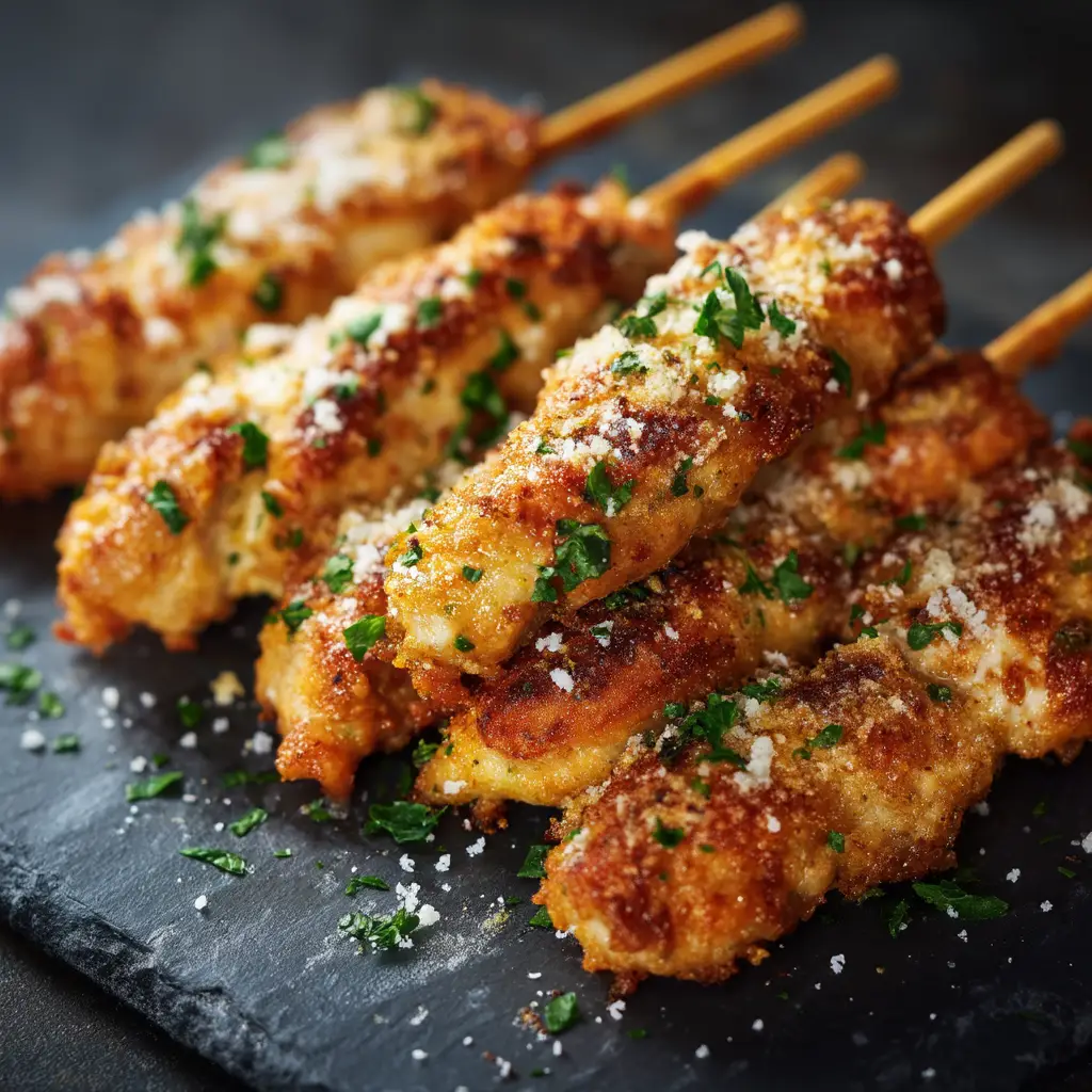 A plate of cooked air fryer chicken skewers being drizzled with a buttery garlic parmesan sauce.