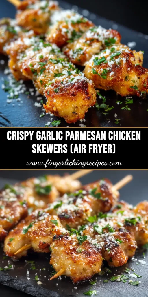A sharable pin image of crispy Air Fryer Garlic Parmesan Chicken Skewers on a plate, ready to be eaten.