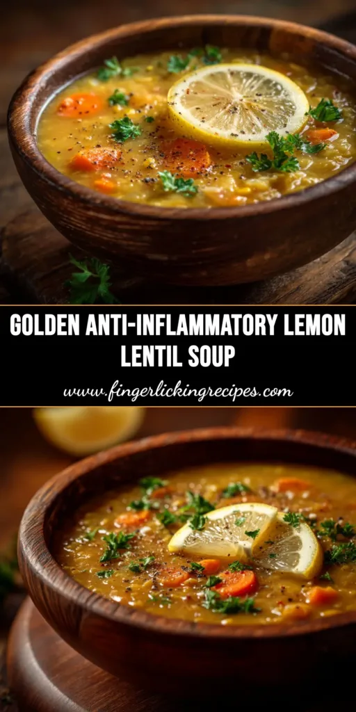 A beautiful bowl of Anti-Inflammatory Lentil Soup, garnished with fresh herbs and a slice of lemon, ready to be pinned.