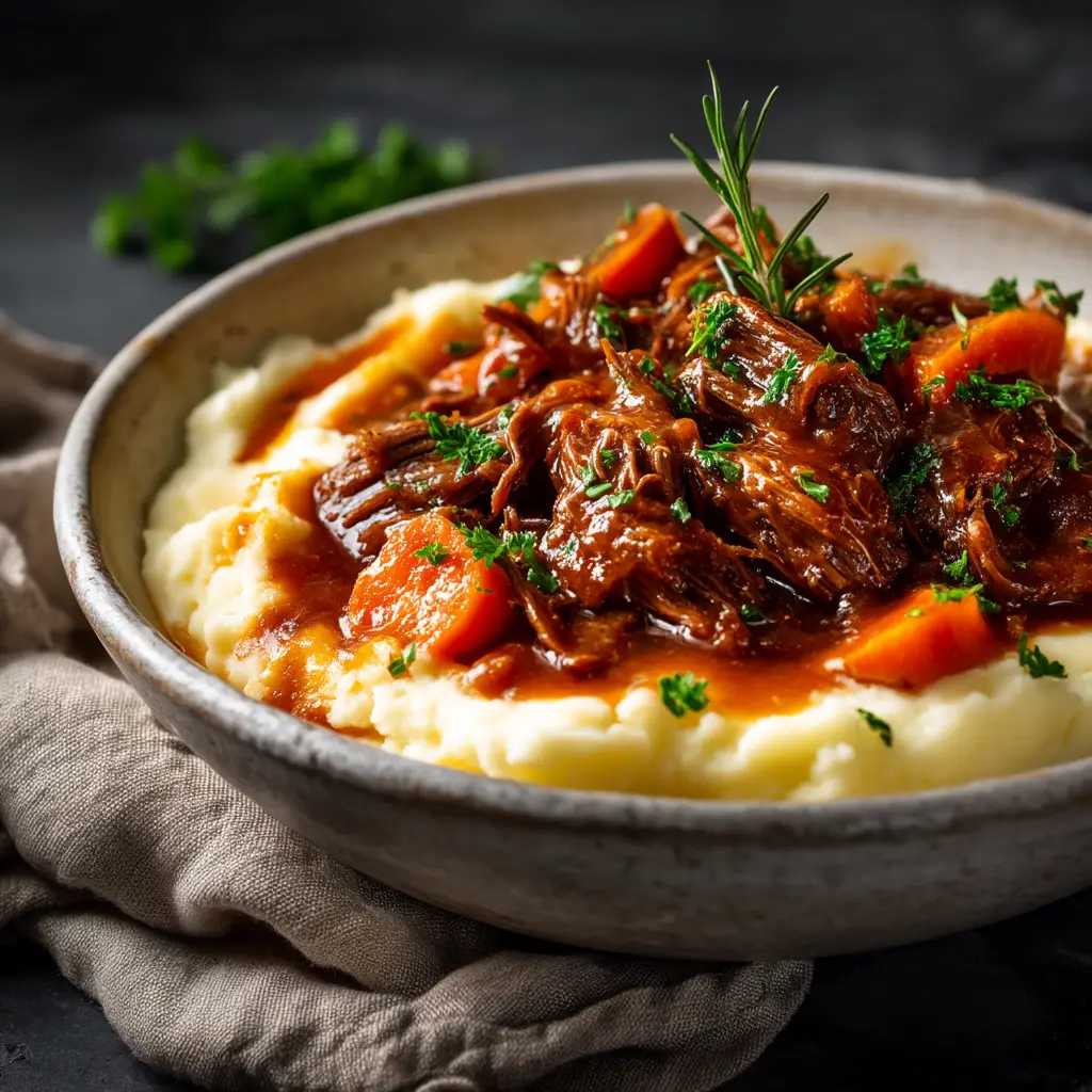 A side-angle view of the autumn stew in a bowl, showing the steam rising. A sprig of fresh thyme garnishes the dish, emphasizing its aromatic qualities.