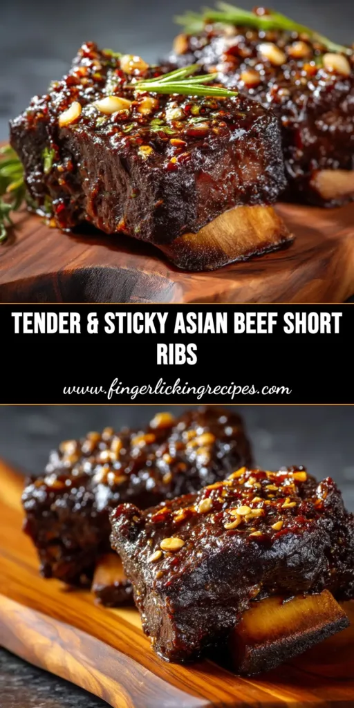 A close-up of tender, sticky Asian Beef Short Ribs in a white bowl, garnished with green onions and sesame seeds. The perfect fall-off-the-bone beef recipe.