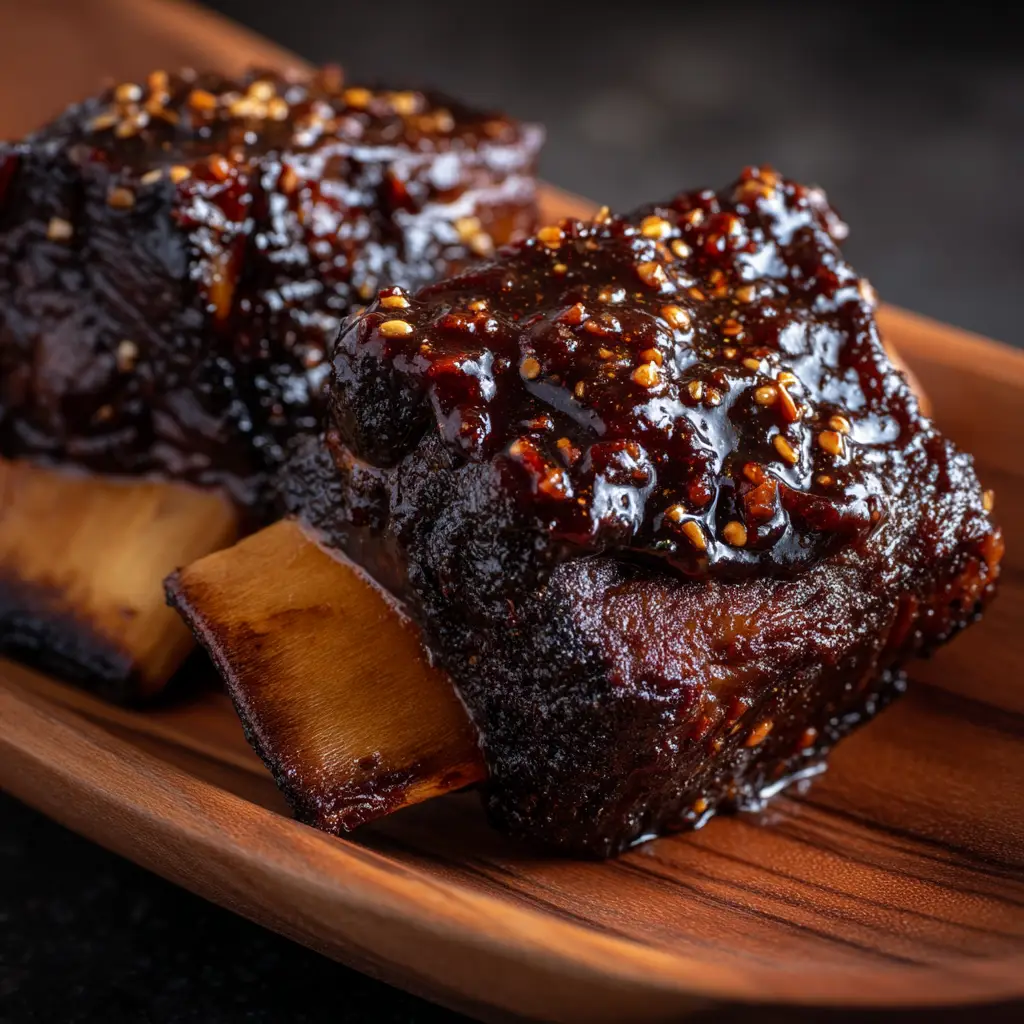 A serving of fall-off-the-bone Asian short ribs on a bed of white rice, ready to be eaten. The meat is succulent and covered in sauce.