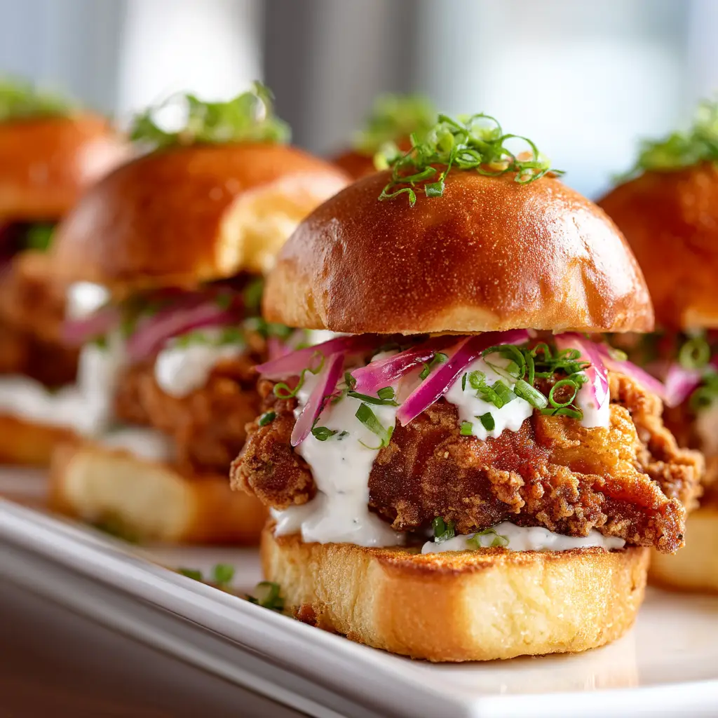 The process of assembling the crispy fried chicken sliders, with fried chicken pieces on a wire rack and toasted buns ready to be filled.