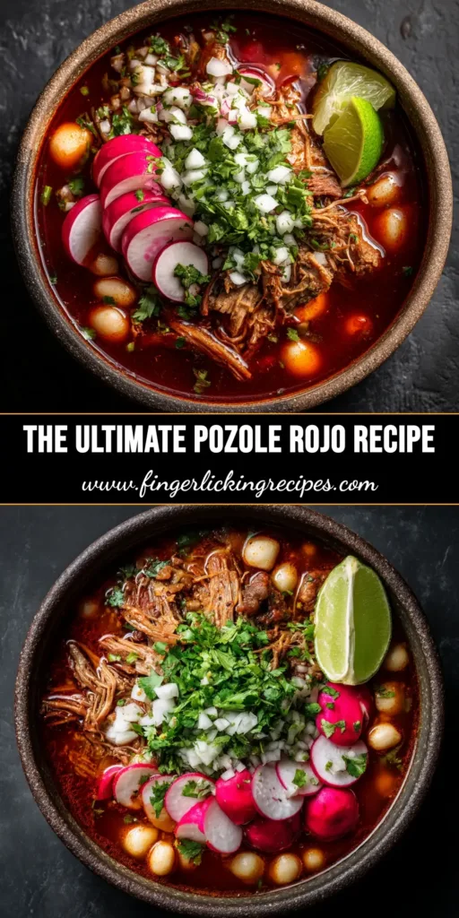 A vibrant bowl of authentic Pozole Rojo Recipe, filled with tender pork and hominy, topped with fresh radishes, cabbage, and a lime wedge.