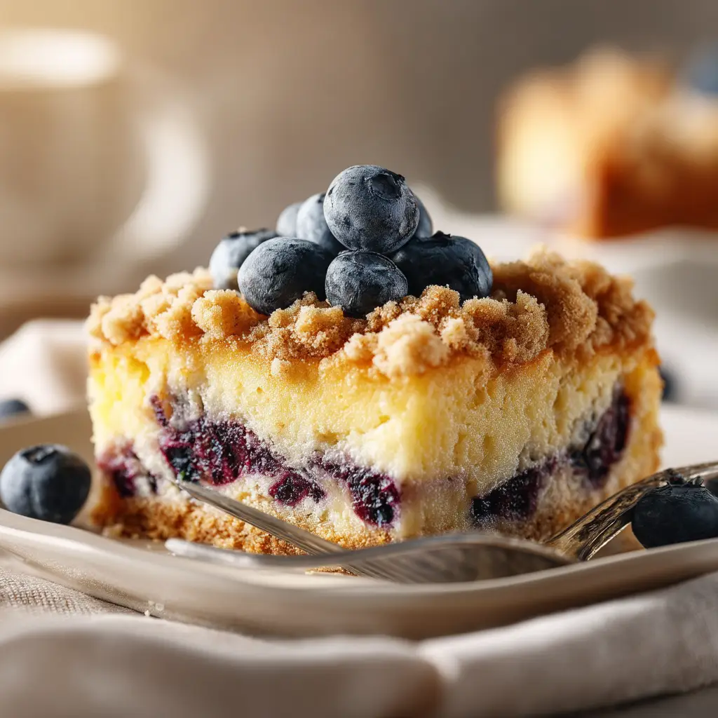 The full 9x9 pan of baked blueberry coffee cake, displaying the golden-brown, crunchy streusel topping over the entire surface.