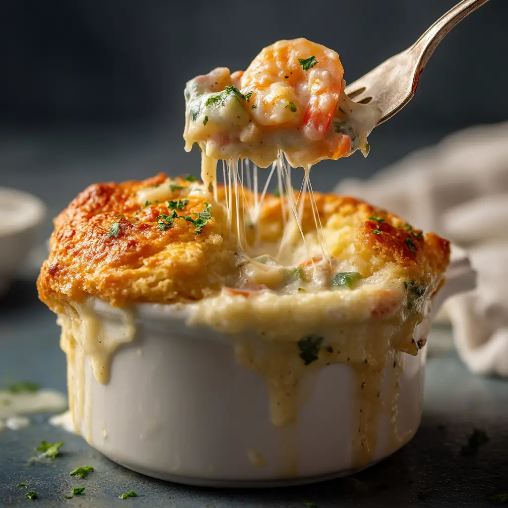 The finished Cheddar Bay Biscuit Seafood Pot Pie fresh out of the oven, with golden baked biscuit topping brushed with garlic butter.