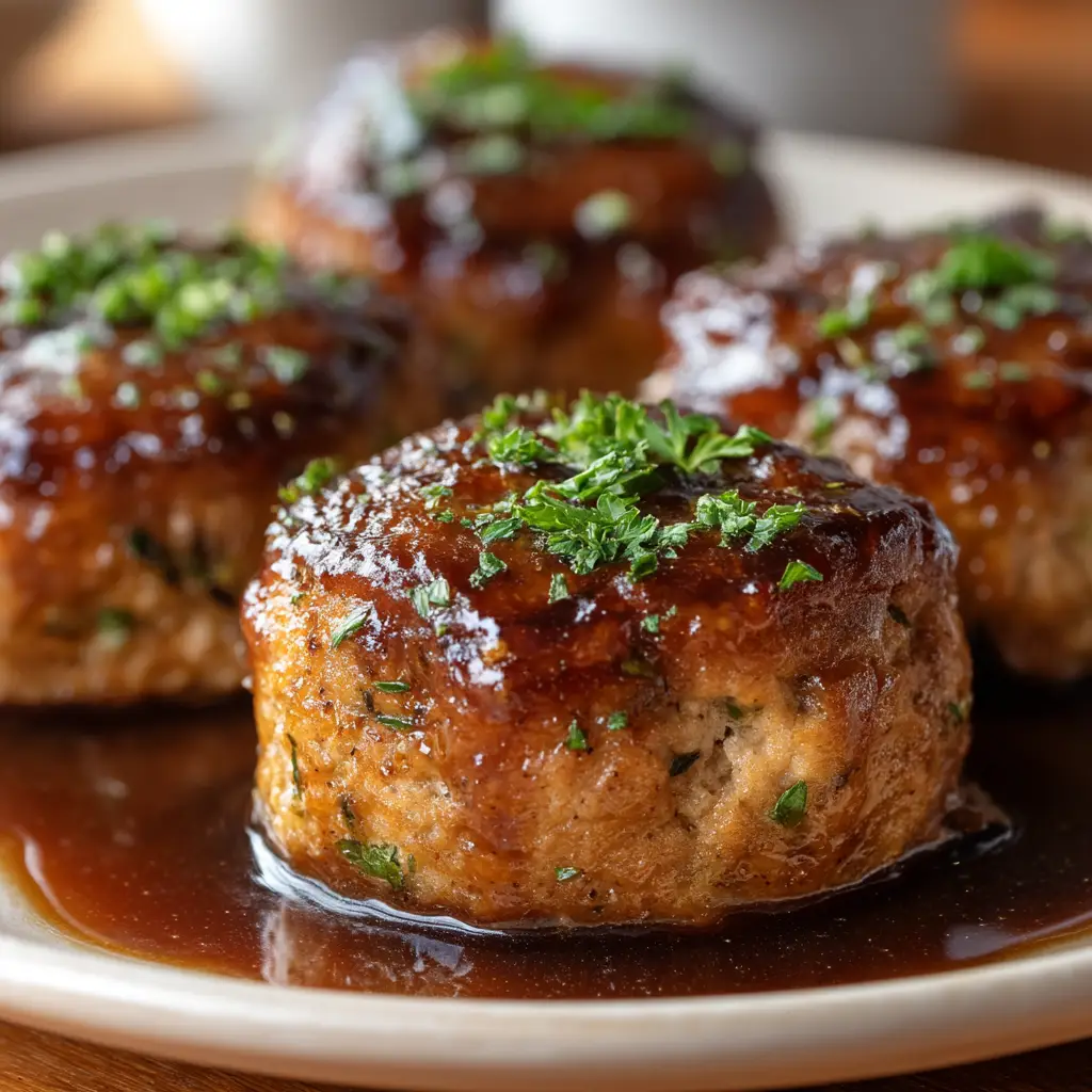 The chicken meatloaf in a loaf pan with the golden-brown garlic parmesan topping spread over it, fresh out of the oven.