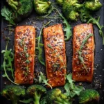 An overhead shot of three baked maple dijon salmon fillets on a baking sheet, ready to be served for a healthy dinner.