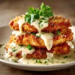 Three pieces of golden-brown baked Parmesan chicken arranged on a serving platter, highlighting the crispy texture of the Panko and cheese crust.