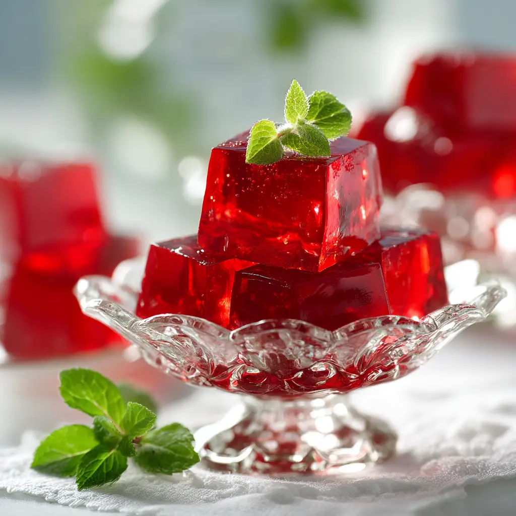 A beautiful arrangement of translucent red gelatin cubes made with a basic gelatin dessert recipe, glistening under bright lighting.