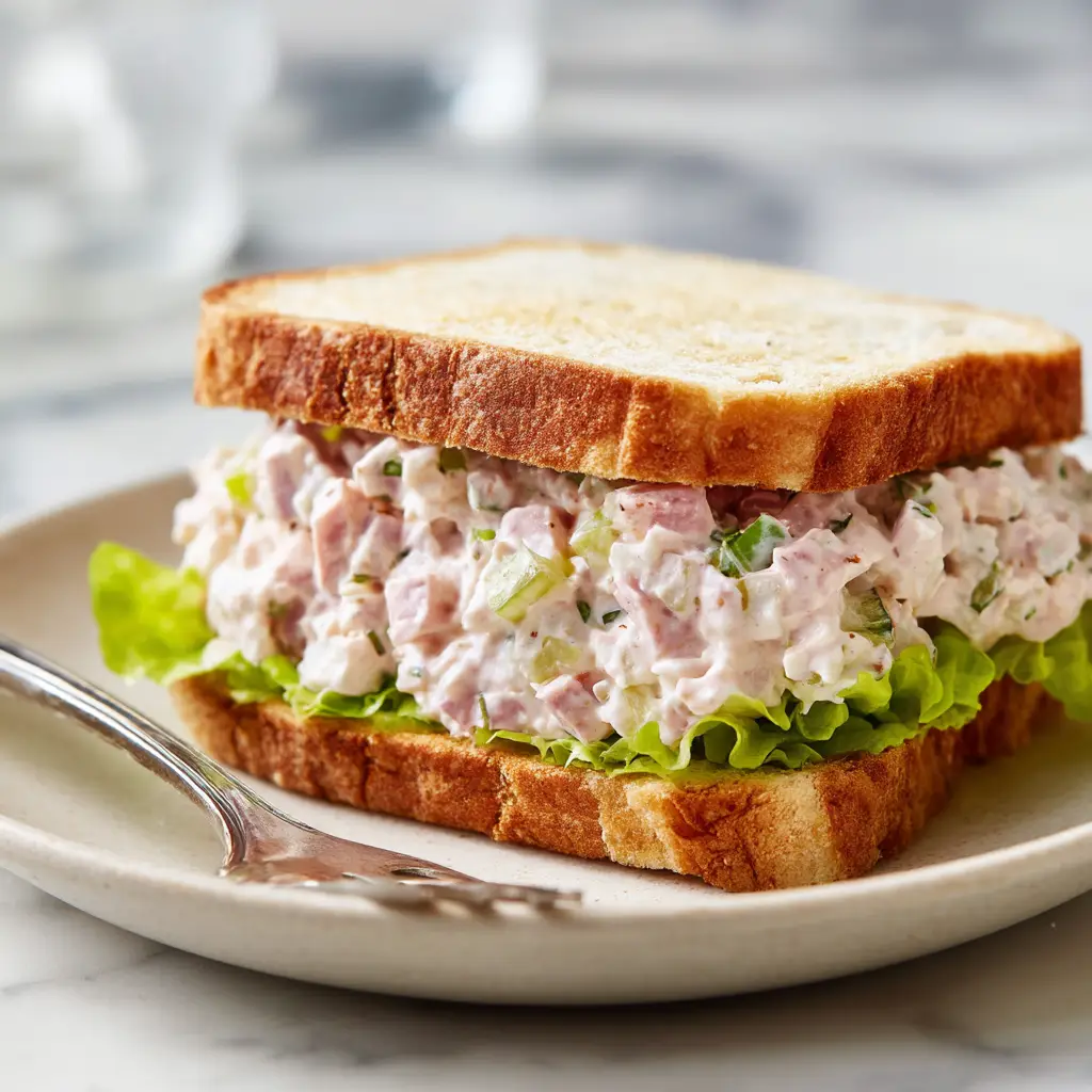 A fresh batch of homemade ham salad in a serving bowl, garnished with fresh parsley and ready to be served.
