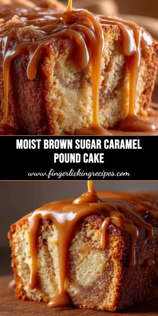 A beautiful Brown Sugar Caramel Pound Cake on a white cake stand, with a generous drizzle of caramel glaze dripping down the sides. The perfect dessert recipe for any occasion.