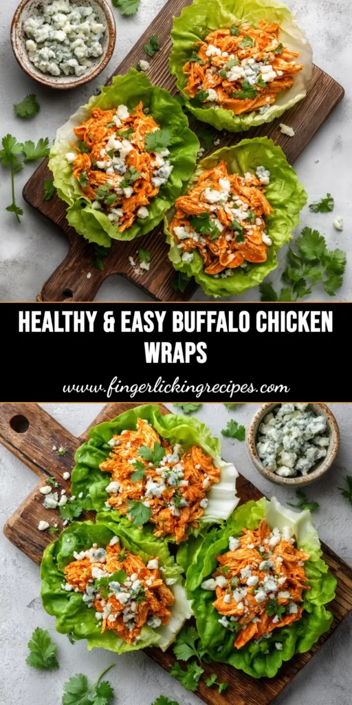 A close-up shot of three Buffalo Chicken Lettuce Wraps filled with spicy shredded chicken and drizzled with ranch dressing, ready to be eaten.