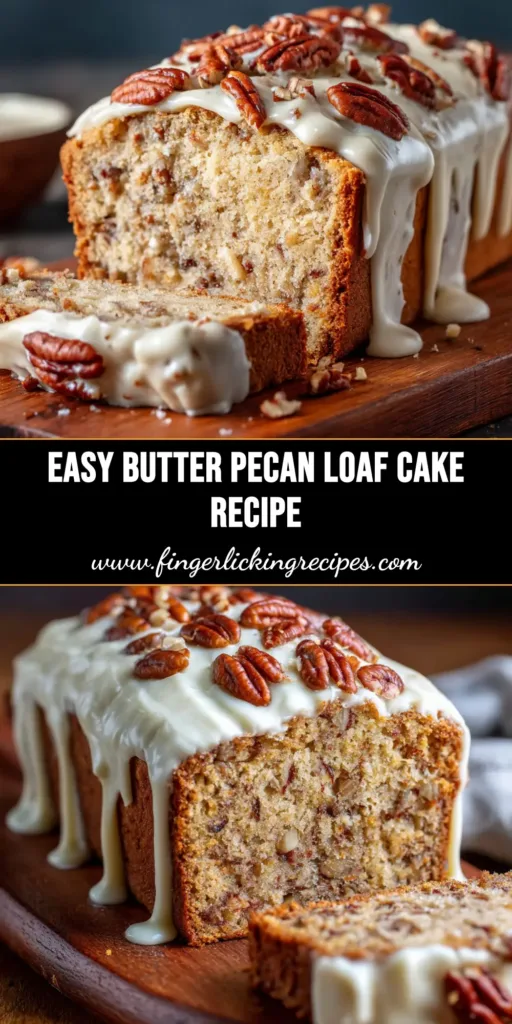 A beautiful slice of Butter Pecan Loaf Cake on a plate, drizzled with brown butter glaze. The cake has a tender crumb and is studded with toasted pecans.