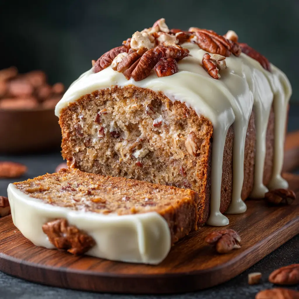 Slices of butter pecan loaf cake arranged on a serving platter. You can see the moist crumb and generous amount of pecans inside each slice.