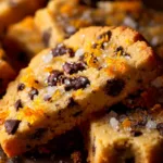 An extreme close-up shot of a buttery shortbread cookie dipped in dark chocolate, highlighting the crumbly texture and fresh orange zest.