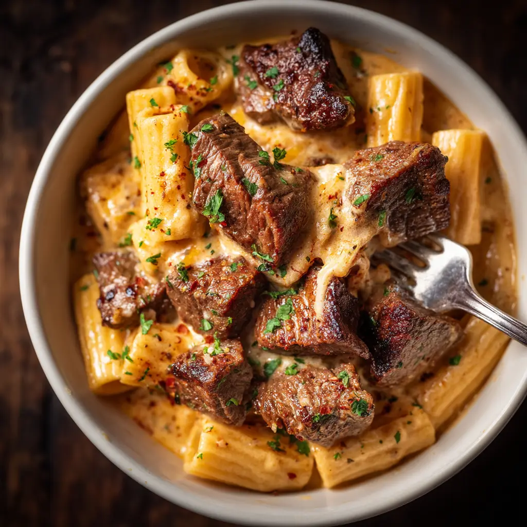 An overhead close-up shot of Cajun steak pasta in a white bowl, showing the creamy sauce and tender steak tips.