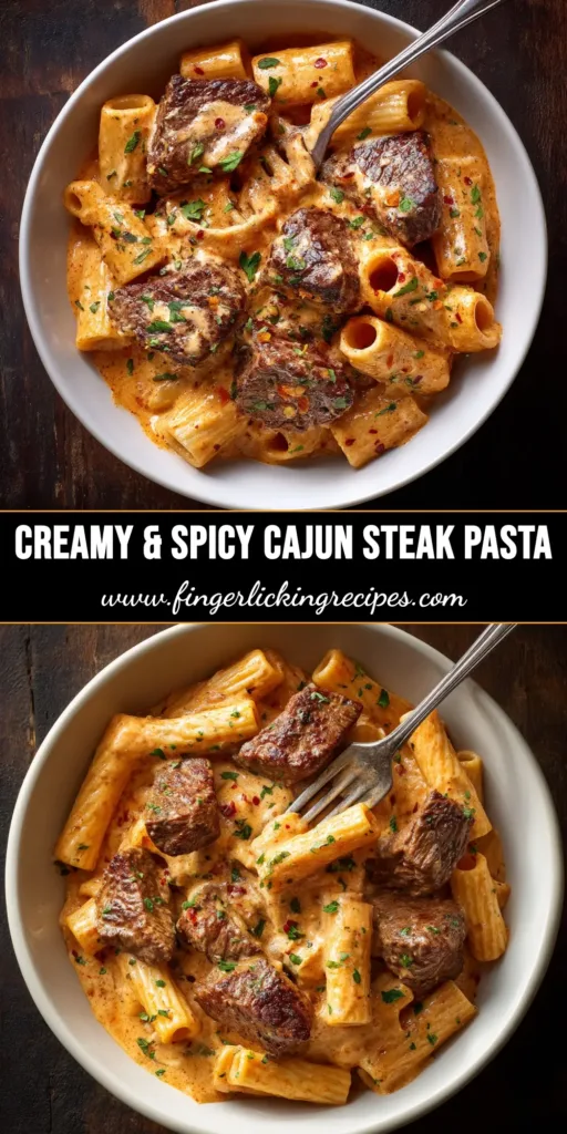 A delicious bowl of creamy Cajun Steak Pasta with perfectly seared steak pieces, bell peppers, and fresh parsley garnish. A visually appealing pin to inspire dinner ideas.