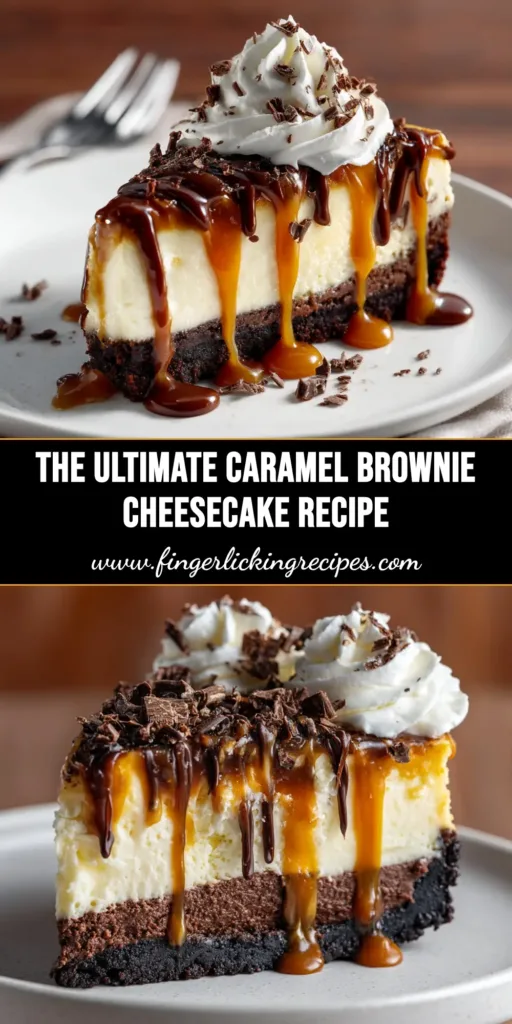 A decadent slice of Caramel Brownie Cheesecake on a white plate, showing the distinct layers of fudgy brownie, creamy cheesecake, and a generous caramel drizzle.