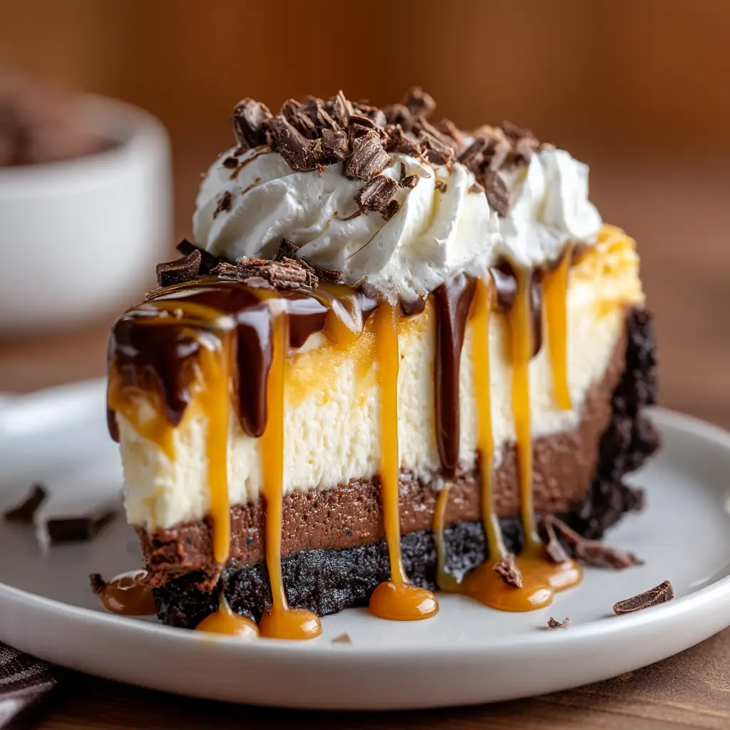 The final Caramel Brownie Cheesecake being drizzled with homemade caramel sauce.