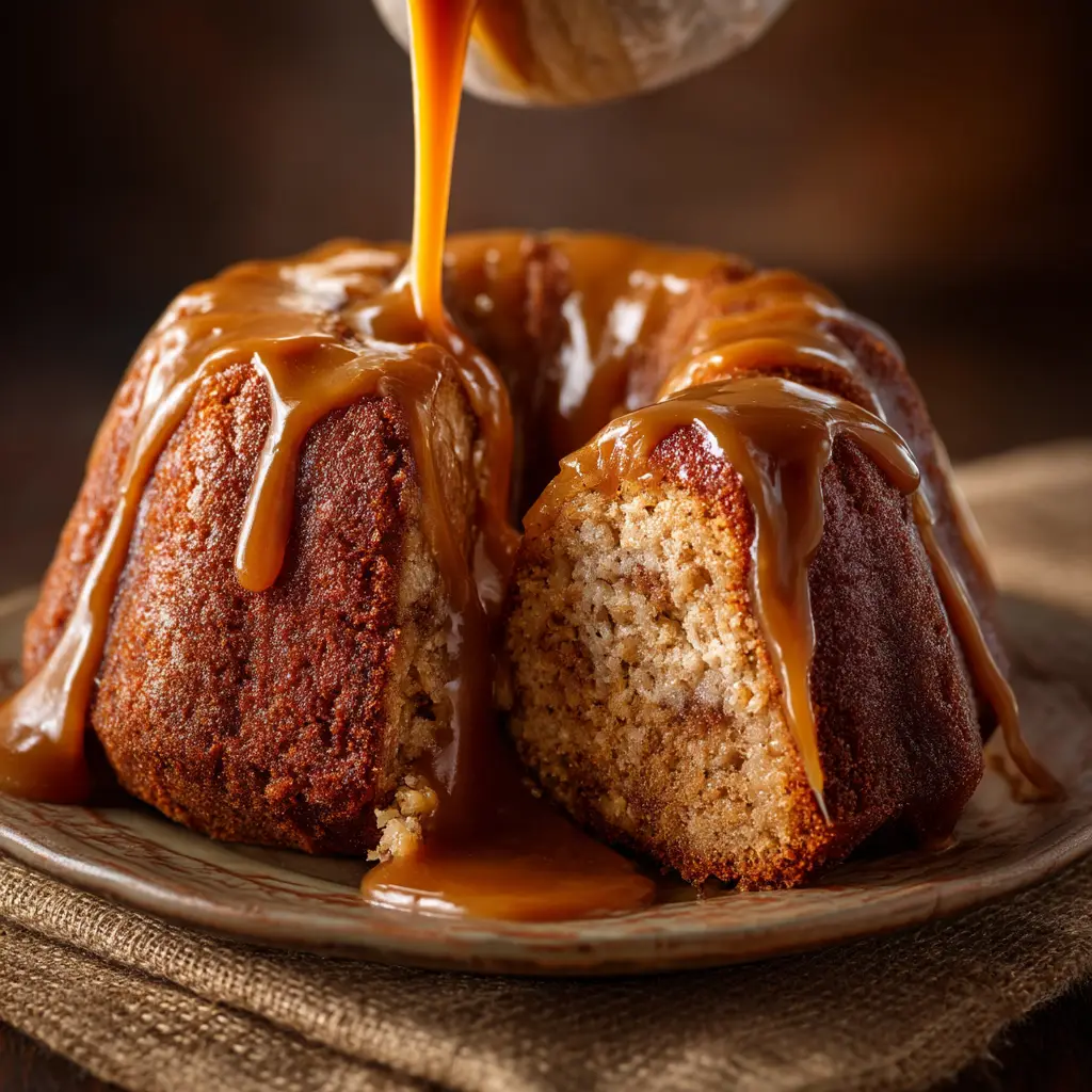 A close-up view of the rich, homemade caramel glaze being poured over the top of a freshly baked brown sugar bundt cake.