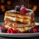 Two golden slices of caramelized French toast on a plate, ready to be served for a decadent breakfast.