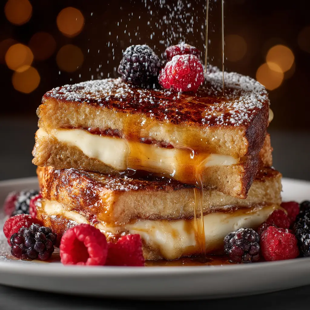 Two golden slices of caramelized French toast on a plate, ready to be served for a decadent breakfast.