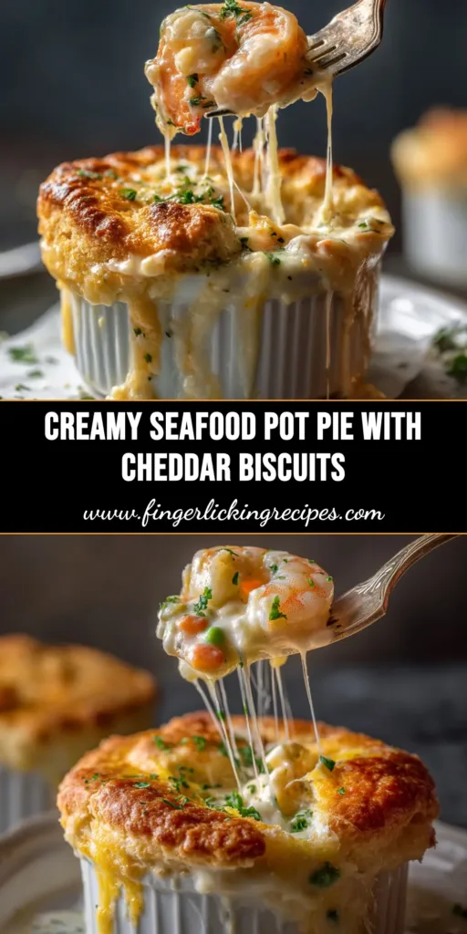 A delicious Cheddar Bay Biscuit Seafood Pot Pie in a cast-iron skillet, with golden-brown cheesy biscuits on top of a creamy seafood filling. Perfect for Pinterest.
