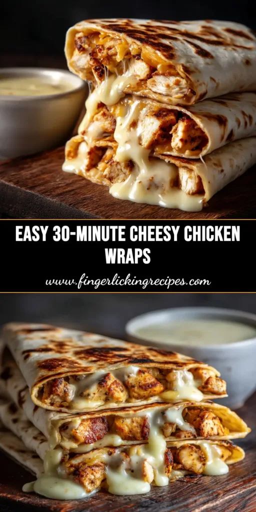 An overhead shot of cheesy garlic chicken wraps cut in half to show the melted cheese and chicken filling, arranged on a rustic wooden board.