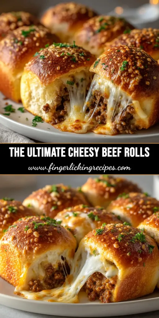 A shareable pin image for the Cheesy Ground Beef Stuffed Rolls recipe, showing the finished golden-brown rolls in a baking dish.