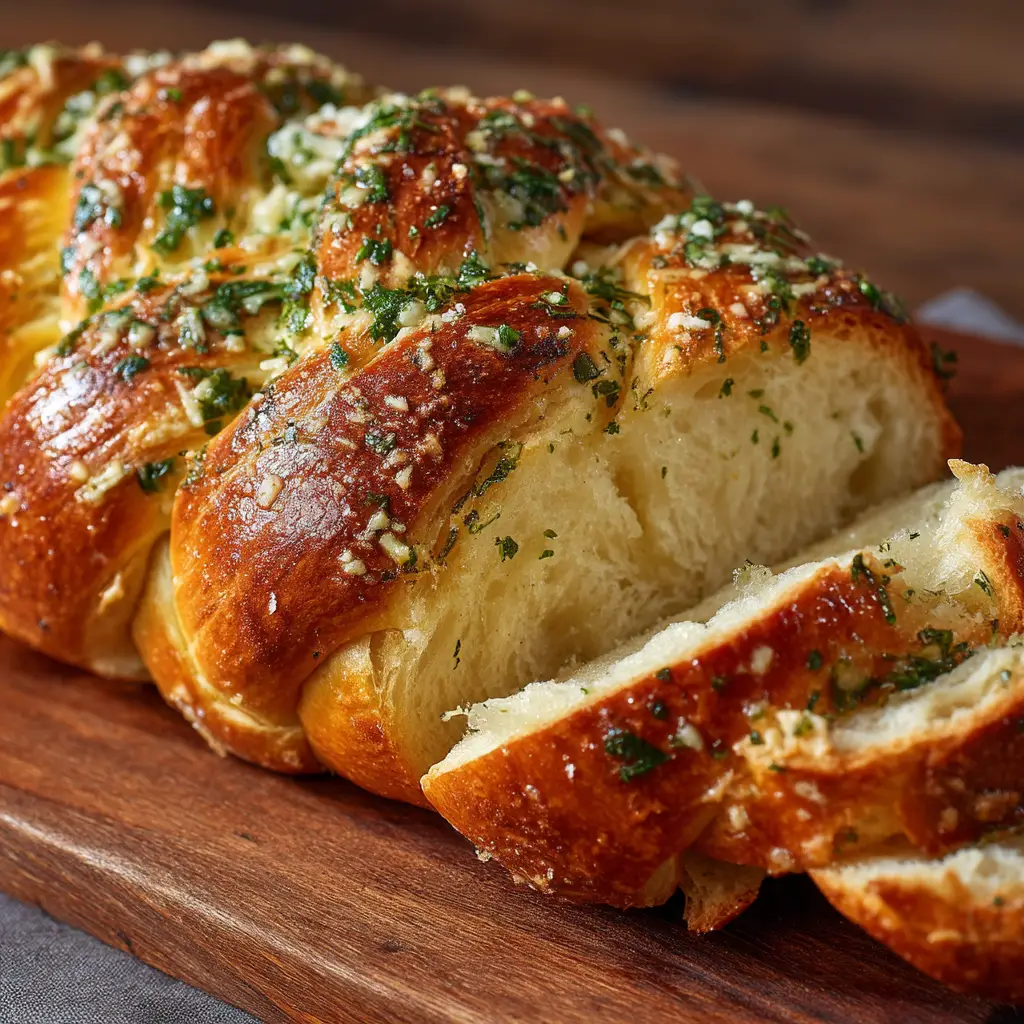 A slice of cheesy herb bread being pulled apart, revealing the soft, fluffy interior and steam rising from the warm bread.