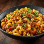 A close-up view of the cheesy homemade beefaroni being scooped from a pan with a wooden spoon, showing off the creamy texture.