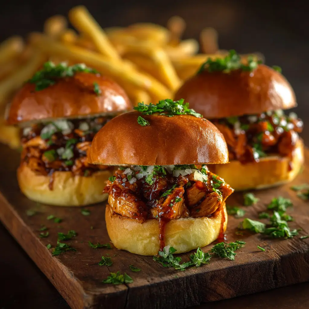 A side view of a honey chipotle chicken slider being pulled from the batch, with a cheese pull effect.