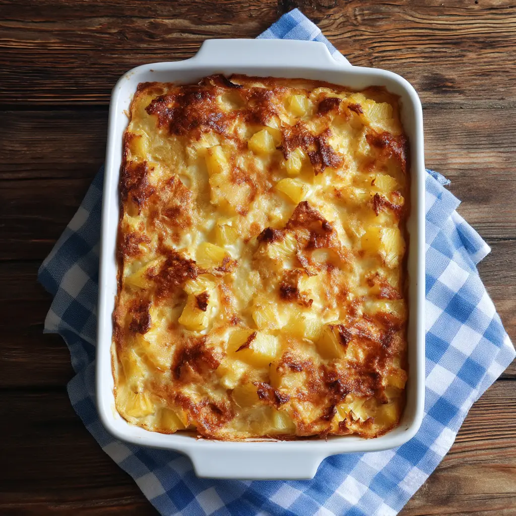 An overhead shot of a cheesy pineapple bake fresh from the oven, with a bubbly filling and a perfectly browned cracker topping.