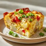 A 9x13 inch baking dish filled with a golden-brown baked potato breakfast casserole, ready to be served. The cheesy top is perfectly melted and bubbly.