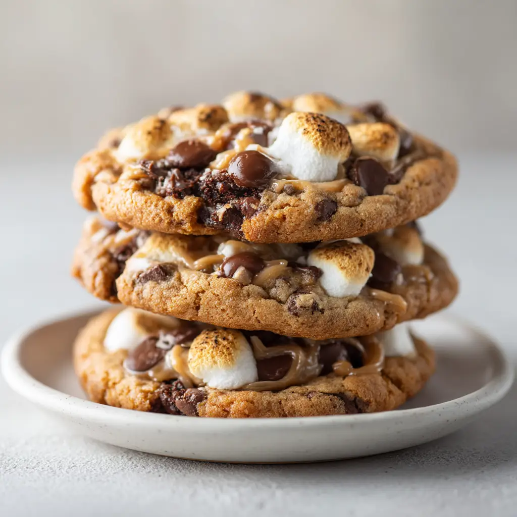 A beautiful stack of three chewy chocolate peanut butter marshmallow cookies on a rustic wooden surface, showcasing their thick texture.